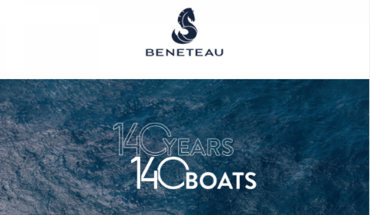 Beneteau Offers Beneteau Logo with 140 years graphic layered over the ocean